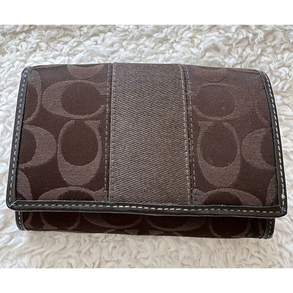 COACH Signature Bifold Brown Canvas Snap Wallet Coin Pouch